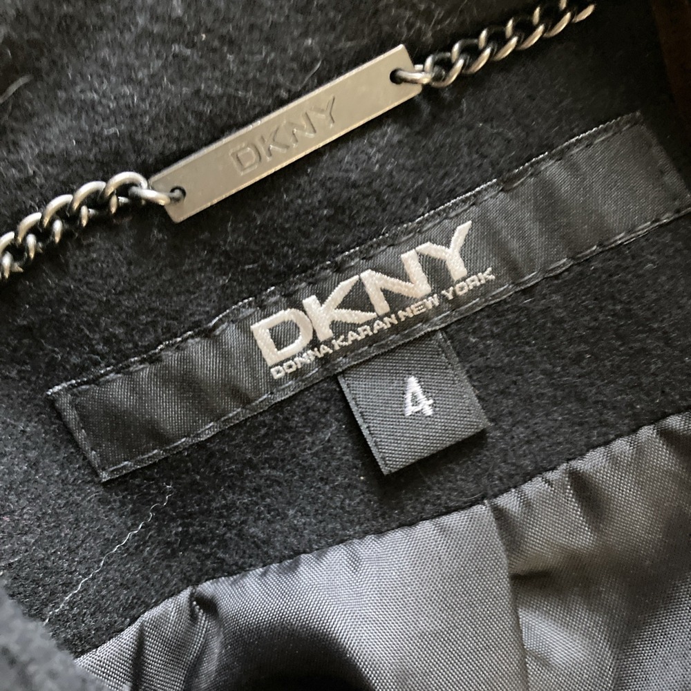 DKNY Wool Blend Pea Coat Sz 4 Black Ruffle Whimsy Goth Stadium Jacket Military - Picture 3 of 8